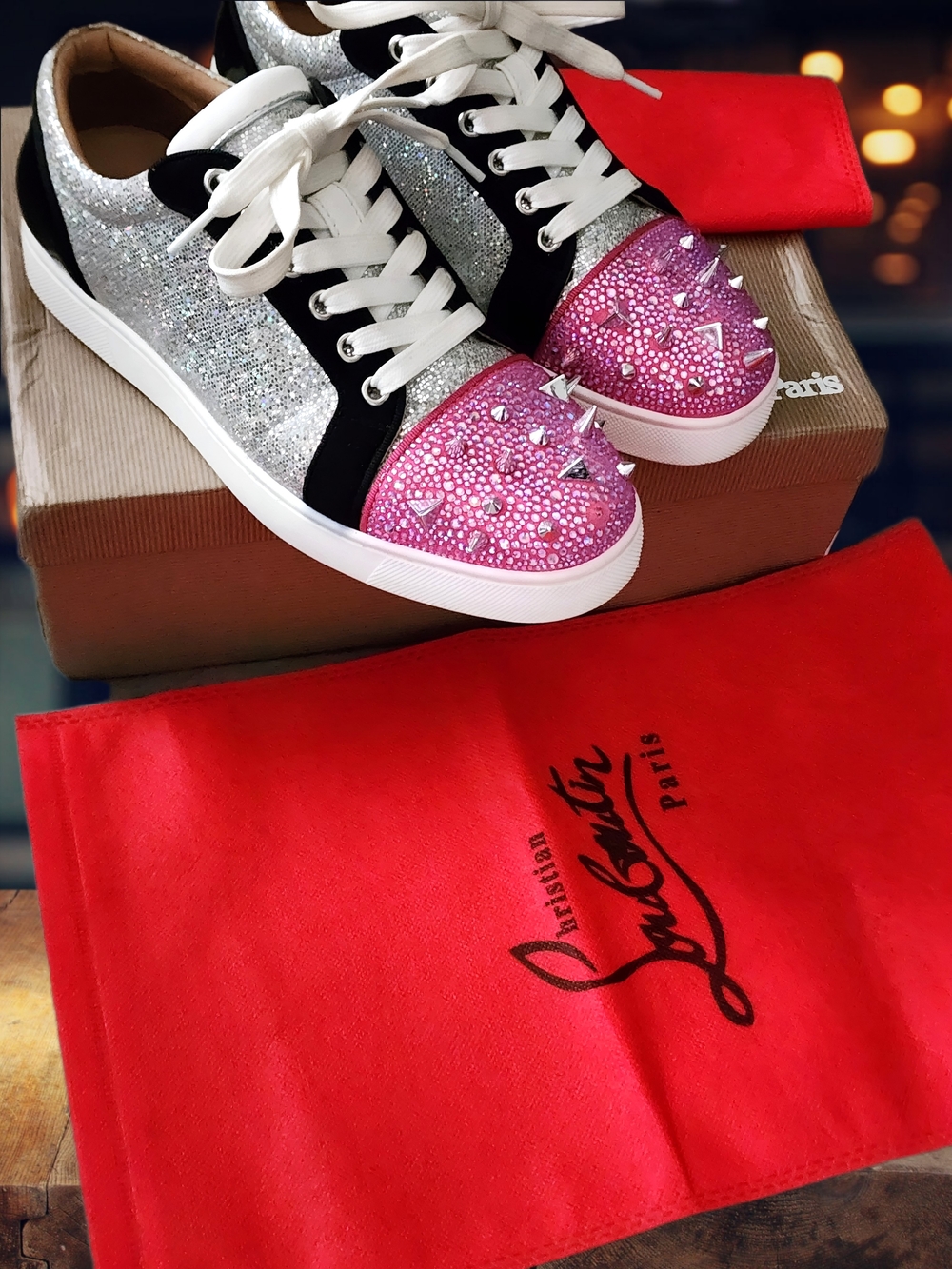 Christian Louboutin Silver Glitter Sneakers with Pink Crystal Toe
